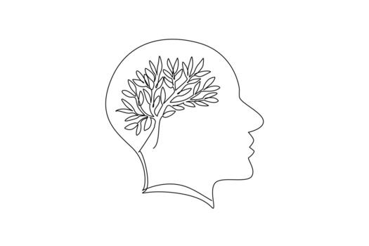Single continuous line drawing a tree with its trunk and leaves forms a brain inside the head. Developing environmentally friendly crops. Symbolism. Tree Concept. One line design vector