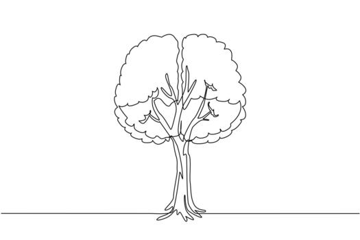 Continuous one line drawing tree with branches and leaves forming a brain top view. Imagination and peace of mind. Clarity of air. Symbol. Tree Concept. Single line draw illustration vector