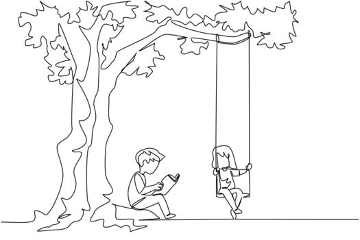 Single one line drawing boy sits reading a book while the girl plays on swing under a big tree. Joy in the park near the shady tree. Activity. Tree Concept. Continuous line design illustration vector