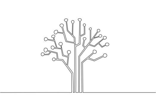 Single one line drawing tree with technology concept. Circuits on the motherboard. Very environmentally friendly electricity. Technology. Tree Concept. Continuous line illustration vector