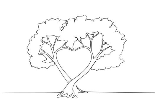 Single continuous line drawing leafy tree with the middle of the branches forming love shape. A very shady tree that is cared for with all the heart. Tree Concept. One line illustration vector