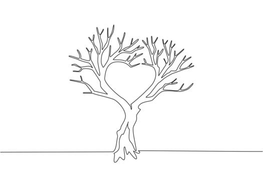 Single one line drawing dry tree with many branches with branches forming a love shape. A symbol of a dead tree. Without love. Environmental. Tree Concept. Continuous line illustration vector