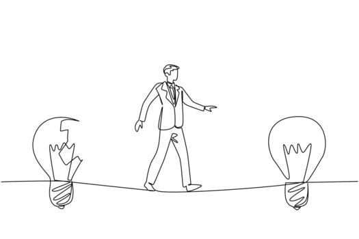 Single continuous line drawing a businessman walks on tightrope from broken lightbulb to a whole lightbulb. Towards improvement. Solution. National Creativity Day. One line illustration vector