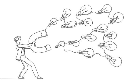 continuo uno línea dibujo un empresario sostiene grande imán atrayendo varios tamaño bombillas. coleccionar muchos soluciones idea. nacional creatividad día. soltero línea dibujar ilustración vector
