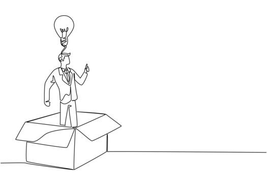 continuo uno línea dibujo un empresario dentro grande cartulina caja haciendo gesto de obtiene idea. obtener Fresco nuevo ideas solución. nacional creatividad día. soltero línea dibujar ilustración vector