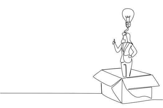 soltero continuo línea dibujo un mujer de negocios dentro grande cartulina caja haciendo gesto de obtiene idea. en cualquier sitio solución para problema solucionadores. nacional creatividad día. uno línea ilustración vector