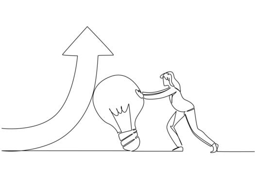 Single continuous line drawing a businesswoman pushes a bulb lamp that holds an arrow so that it turns upwards. Work smart to level up. National Creativity Day. One line illustration vector