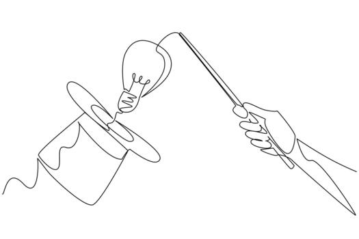 soltero continuo línea dibujo mano sostiene magia varita mágica y puntos eso a magia sombrero emite un bombilla. actuaciones añadir valor a creatividad. nacional creatividad día. uno línea diseño vector
