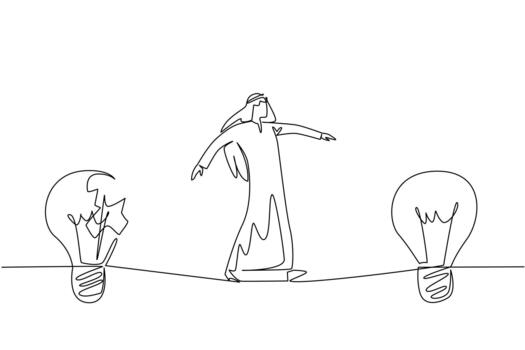 Continuous one line drawing Arab businessman walks on tightrope from broken lightbulb to whole lightbulb. Taking best opportunity. National Creativity Day. Single line draw design vector