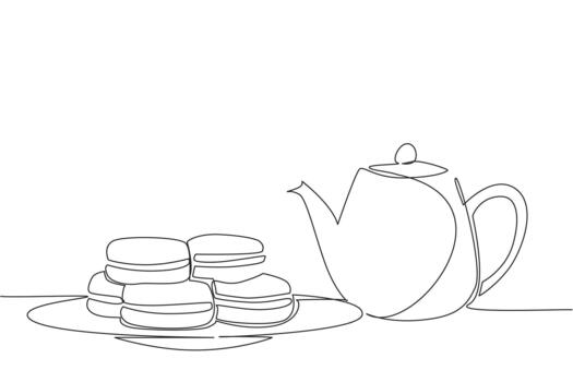 soltero uno línea dibujo vistoso macarons apilado en un pequeño plato y un tetera. disfrutar el Mañana en un sencillo pero calmante forma. sabroso. nacional macaron día. continuo línea diseño ilustración vector