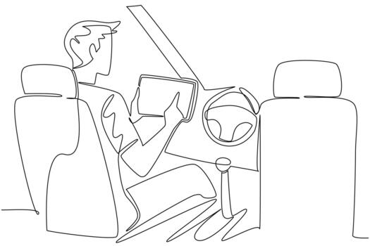Single continuous line drawing a man in the seat of driver of a car busy with his tablet. The latest generation in automotive. High tech. Autonomous Vehicle Day. One line design vector