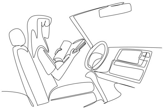 soltero uno línea dibujo un mujer en el asiento de conductor de un coche leyendo un libro. cómodo aprendizaje en un futurista vehículo. tecnología autónomo vehículo día. continuo línea diseño ilustración vector