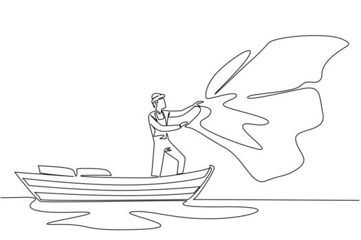 Single continuous line drawing a man wear a vest and hat stands on a wooden boat while casting a net. It is the month of the fish harvest. Fisherman Hold Fish. One line illustration vector