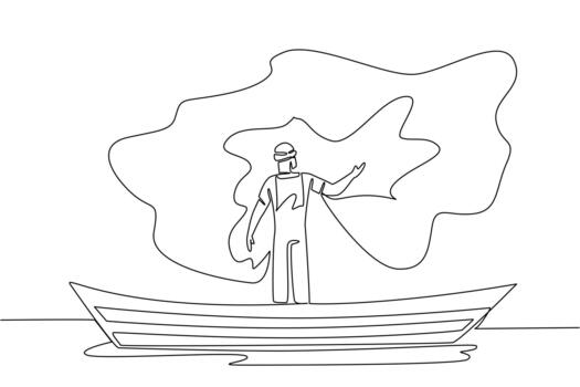 Single one line drawing a man wearing a hat standing on a wooden boat while casting a net. Serious preparation before harvesting. Fisherman Hold Fish. Continuous line design illustration vector