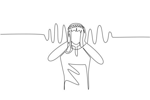 Single one line drawing an Arab man holds ears with both hands and sound wave effects. Prevent loud noises from being heard. National Save Your Hearing Day. Continuous line illustration vector