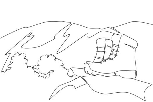 Single continuous line drawing hiking boots on a large rock with a mountain background. Digitalization of flagship products. Advertisement. National Trails Day. One line design vector