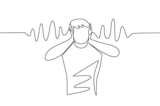 Continuous one line drawing a man in casual clothes holds ears with both hands and sound wave effects. Do not like noise. National Save Your Hearing Day. Single line draw illustration vector