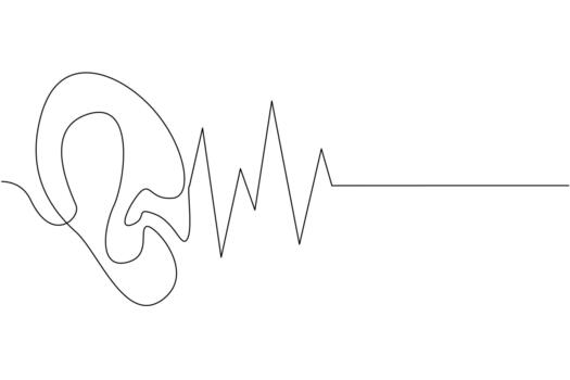 Single one line drawing ear with sound wave effect. The sense of hearing. Maintain optimal function. Noise impairs function. National Save Your Hearing Day. Continuous line design illustration vector
