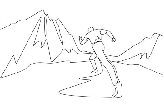 continuo uno línea dibujo un hombre corriendo en un montaña pista. trotar en el frio Mañana atmósfera de el montañas. transpiración. nacional caminos día. soltero línea dibujar ilustración vector