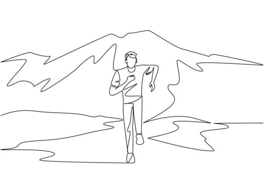 Single one line drawing a man running on a mountain track with mountains in the background. Running down the mountain. Healthy activity National Trails Day. Continuous line design illustration vector