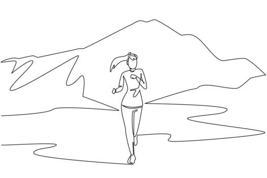 Continuous one line drawing a woman running on a mountain track with mountains in the background. Practice and train physical strength. National Trails Day. Single line draw illustration vector