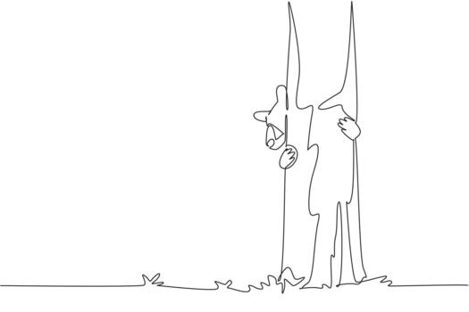 continuo uno línea dibujo negro oso abrazando un árbol maletero con sus cabeza pega fuera desde detrás el árbol. jugando mientras caza. nacional negro oso día. soltero línea dibujar diseño vector