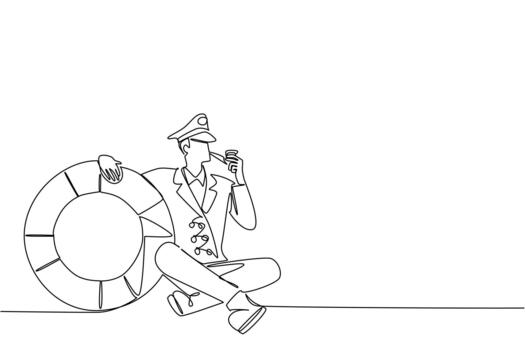 Single continuous line drawing captain of ship sit cross legged on floor smoking tobacco pipe hugs a buoy. Classic style is still cool. Do not Give Up the Ship Day. One line illustration vector