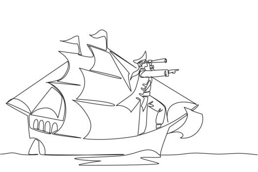 Single one line drawing pirate stands on a sailboat using a monocular while monitoring. Pirates prepare to devour other ships. Do not Give Up the Ship Day. Continuous line design illustration vector