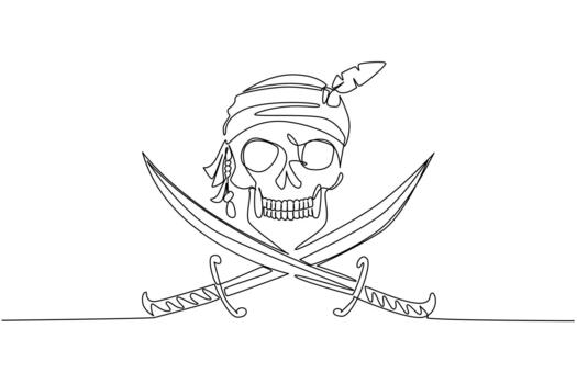 Single continuous line drawing skull wearing a bandana with crossed swords underneath. A symbol of criminals on the high seas. Pirates. Do not Give Up the Ship Day. One line design vector