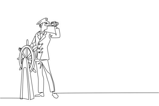 Continuous one line drawing captain of ship stands holds steering wheel uses binocular to monitoring. Reading the wind. Work. Do not Give Up the Ship Day. Single line draw illustration vector