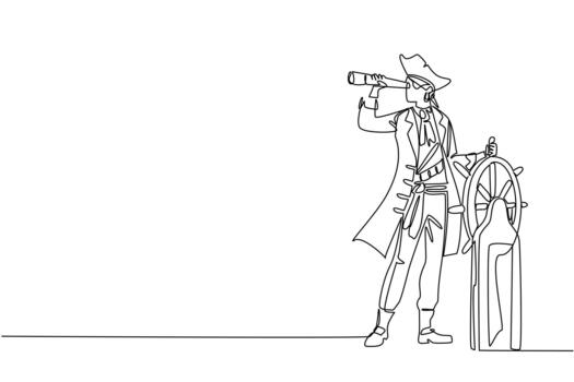 Single continuous line drawing pirate stands holds steering wheel uses monocular to monitoring. Observing navigation. Leading to gold. Do not Give Up the Ship Day. One line design vector