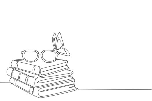 Continuous one line drawing a pile of thick old books with glasses on top and butterflies perched. Learn cultivation. Butterfly Education and Awareness Day. Single line draw design vector