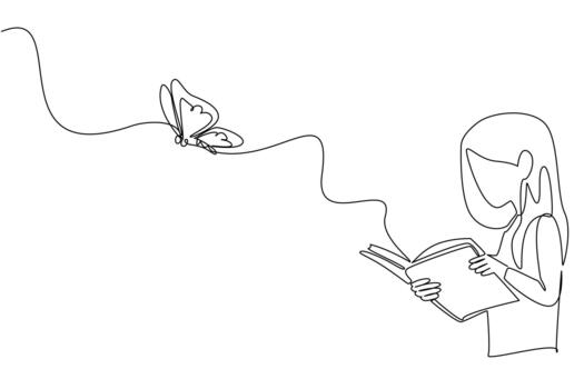 Continuous one line drawing a girl opens thick book which releases a large butterfly. Learn butterfly transformation. Butterfly Education and Awareness Day. Single line draw illustration vector