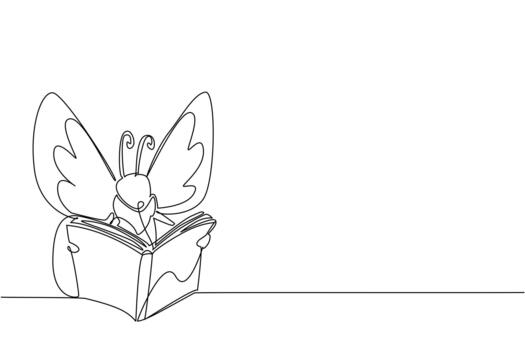 Single one line drawing butterfly is reading a thick book. Reading the story of his own transformation. Good example. Butterfly Education and Awareness Day. Continuous line design illustration vector