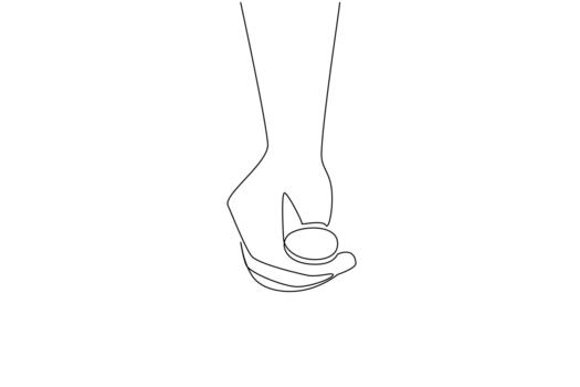 Continuous one line drawing front view, coin placed on top of thumb and index finger. Lucky draw. Determining the first player. Big chance. Flip a Coin Day. Single line draw illustration vector