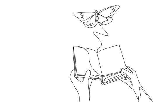 Single one line drawing two hands holding thick old book open and taking out a large butterfly. Cultivation methods. Butterfly Education and Awareness Day. Continuous line design illustration vector