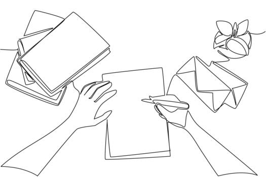 Single one line drawing a pair of hands writing on paper with a stack of books and paper envelopes. Write lots of messages to friends. Postal. Pen Pal Day. Continuous line design illustration vector