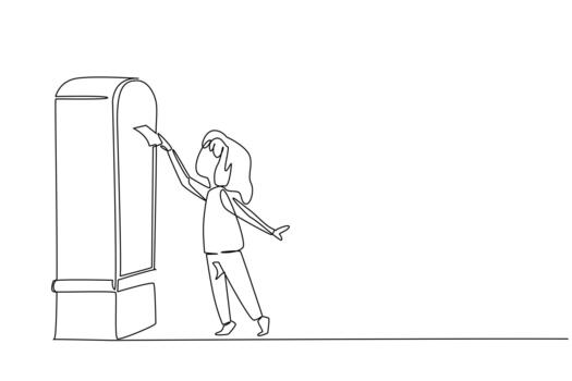 Continuous one line drawing a girl on tiptoe puts a letter into post box. Learn to send letters in the modern era. Communicate the classic way. Pen Pal Day. Single line draw design vector