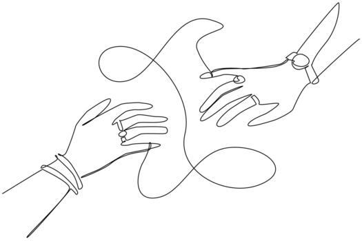 Single one line drawing 2 hands facing each other, with their little fingers connected by a rope. The bonds of friendship are getting closer. Pen Pal Day. Continuous line design illustration vector