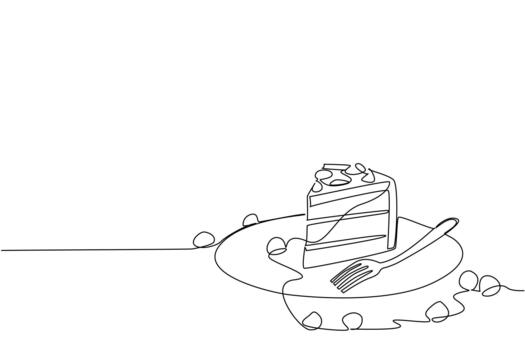 Continuous one line drawing hazelnut cake slices with hazelnut topping on small plate with fork. Enjoy piece of delicious food. National Hazelnut Cake Day. Single line draw design vector