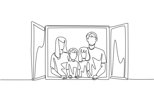 Single continuous line drawing a family in front of an open window. The appearance of an example of a happy, harmonious family. Compactness. Global Day of Parents. One line illustration vector