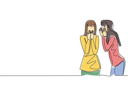 Minimal continuous line drawing of two women sharing a secret, expressing trust, closeness, and friendship, ideal for modern artwork with a social relationship and interaction concept theme. vector