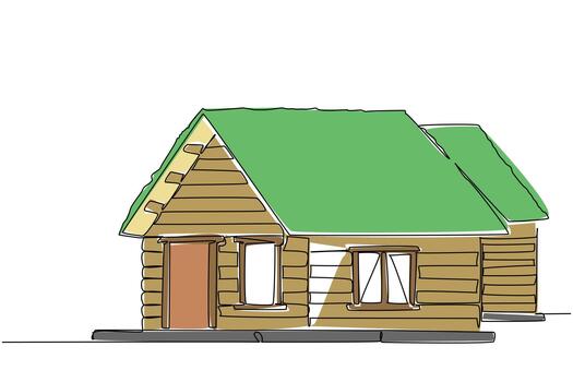 Single line drawing of a rustic log house with a lush green roof, emphasizing traditional eco-friendly architecture and sustainable housing for World Green Roof Day, architecture concept. vector