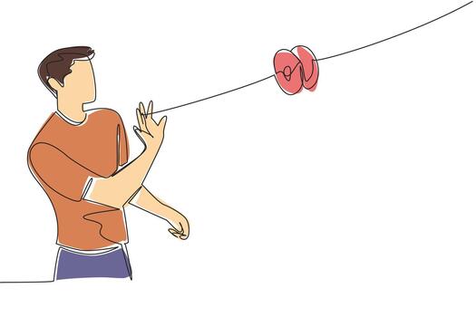 A continuous line drawing of a young man mastering advanced yo-yo tricks, representing precision, balance, and creativity in a cultural event concept for National Yo Yo Day. vector