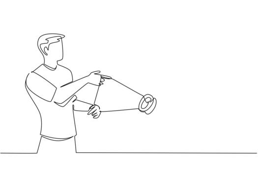 un continuo línea dibujo de un joven hombre ejecutando un yoyó truco, lado vista, exhibiendo jugar, enfocar, y creatividad en un minimalista estilo, destacando nacional yoyó día con Arte y concepto diseño. vector