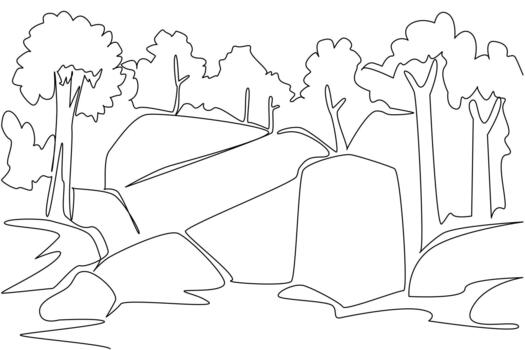 A continuous line drawing of caves and rocky formations with boulders, trees above, illustrating a nature concept linked to National Caves and Karst Day, designed in clean minimalist style. vector