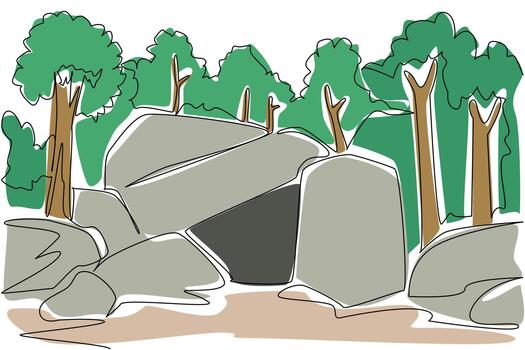 A continuous line drawing showing a rocky cave hidden within a forest of green trees, expressing the nature concept and geology theme for National Caves and Karst Day observance. vector