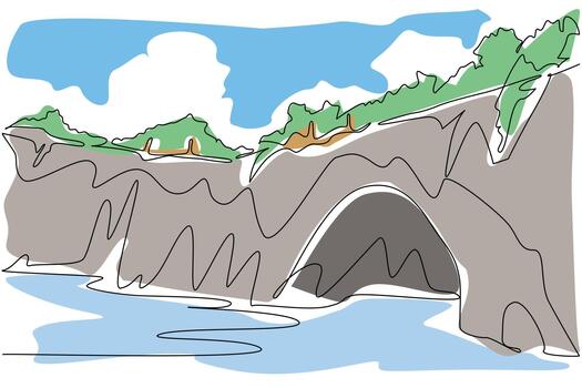 A continuous line drawing depicting a coastal cave arch with blue waters, rocky cliffs, and greenery, symbolizing nature concept and the National Caves and Karst Day international event. vector