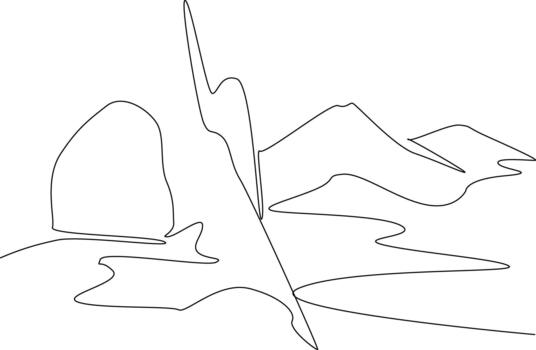A continuous line drawing of a cave opening framing tall mountains and river path, representing a nature concept and the theme of National Caves and Karst Day with simple minimalist style. vector