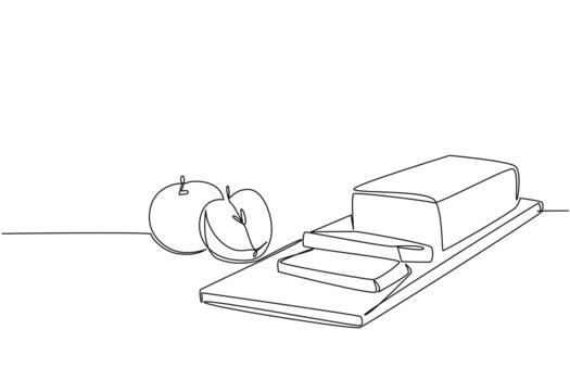 A simple single line drawing of apples placed beside a sliced applesauce cake loaf, emphasizing the flavor and tradition of National Applesauce Cake Day in a symbolic food concept design. vector